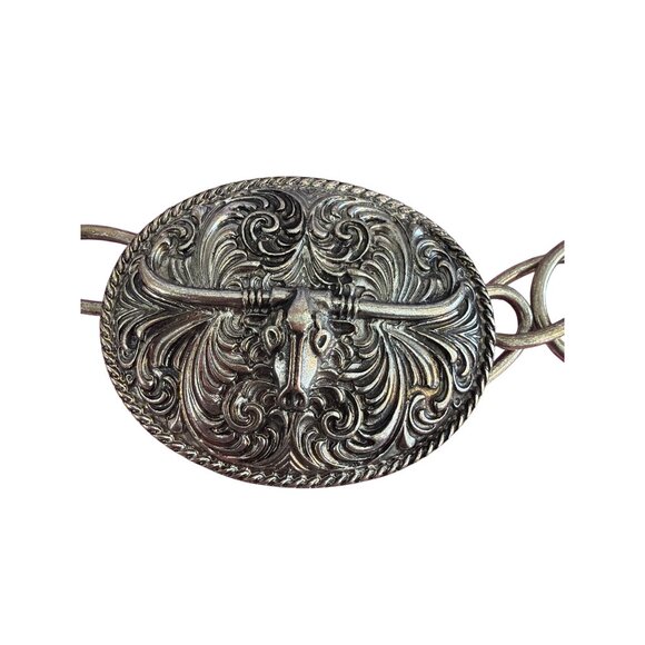 Vintage Western Silver Tone Belt Ornate Longhorn Buckles Conchos Adj Chain 42\